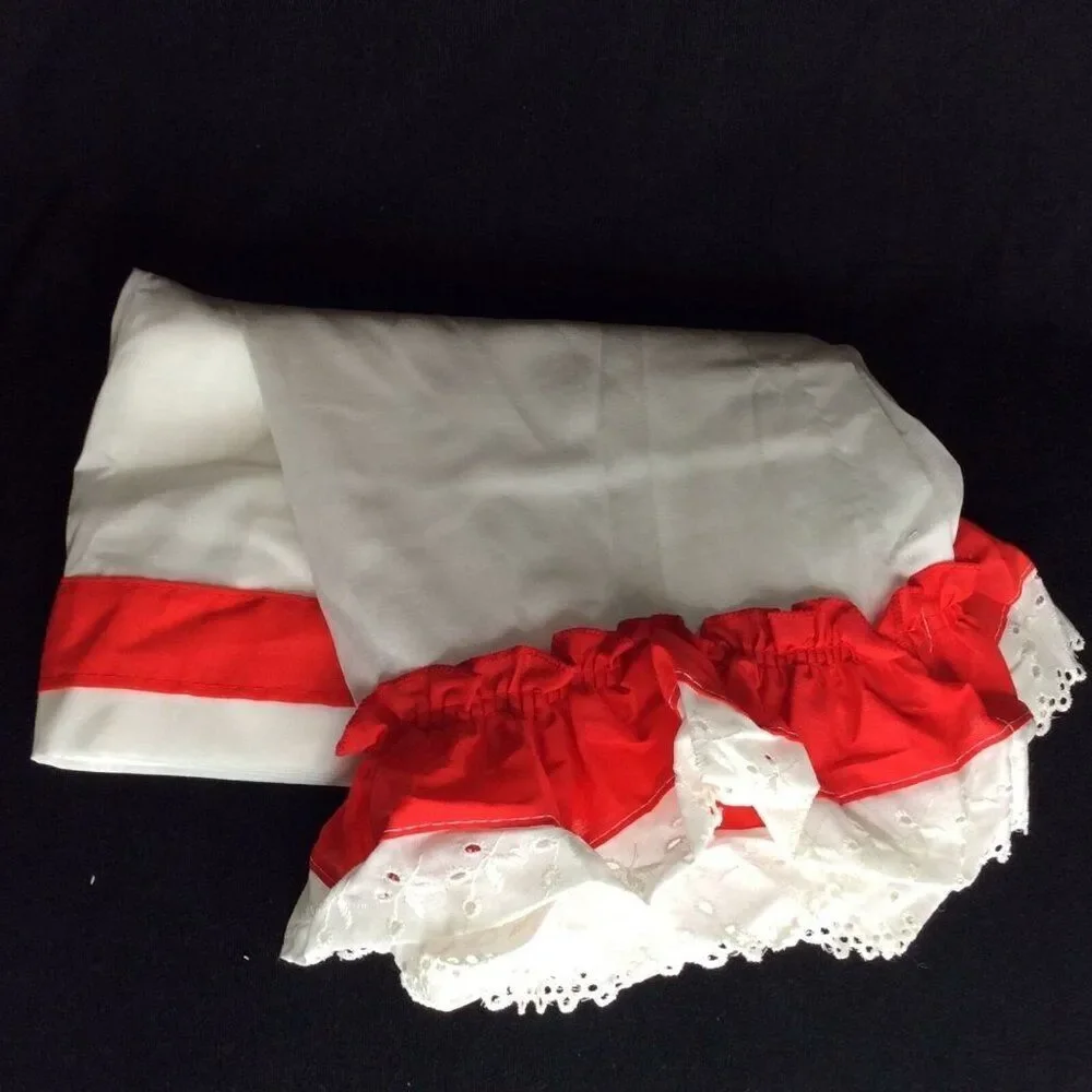 Vintage Curtains White Eyelet Lace Ruffled Red Farmhouse Cafe One Pair 44